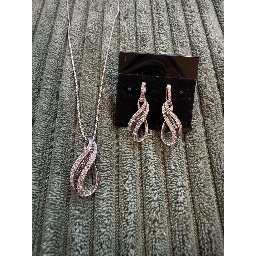 Sterling Silver Dangle Pendant Necklace & Earrings Set with Black & Clear Stones
